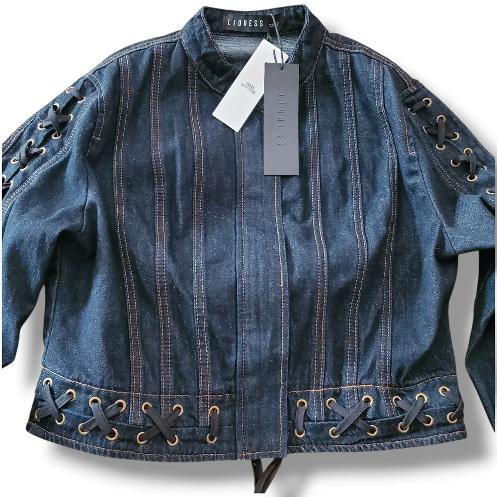 Lioness Dark Indigo Berlin Denim Crop Jacket with Lace-Up Accents Size L US 8 - Picture 6 of 14
